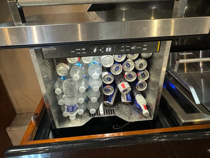 Cloud 9 Yacht Photos Pics Refrigerator stocked with drinks on a 2004 Carver 56 Voyager yacht.