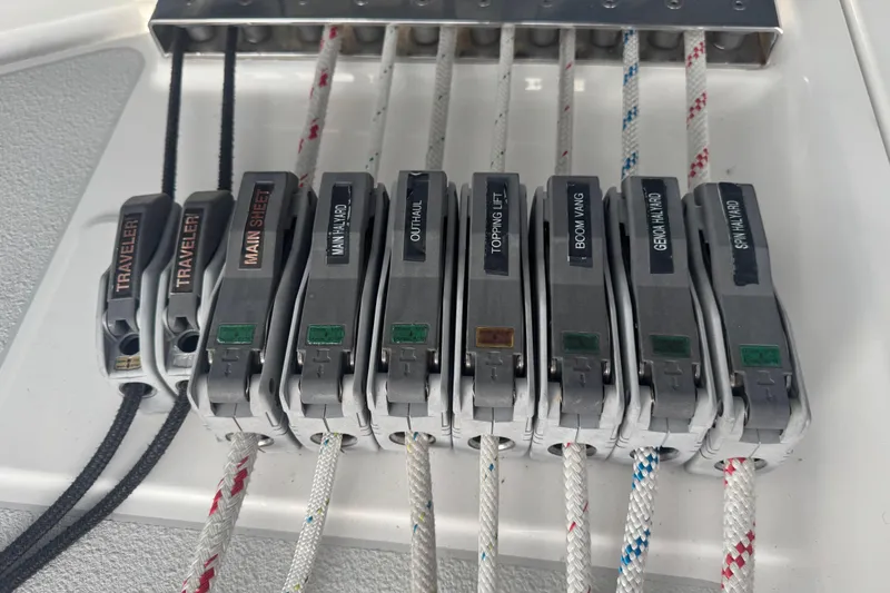 True Love Yacht Photos Pics Sailboat control lines and clutches on a 2005 Catalina Morgan 440 DS deck.