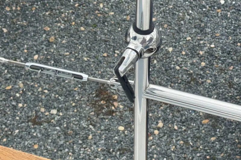 True Love Yacht Photos Pics Close-up of Catalina Morgan 440 DS 2005 yacht rigging and hardware on gravel background.