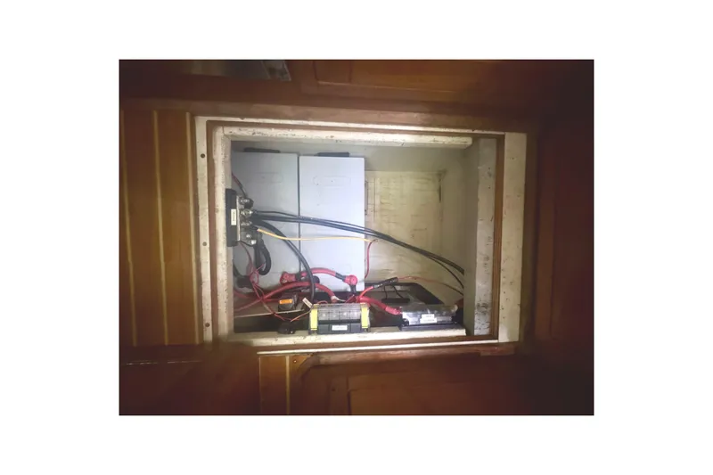True Love Yacht Photos Pics Electrical compartment of 2005 Catalina Morgan 440 DS sailboat with wiring and components.