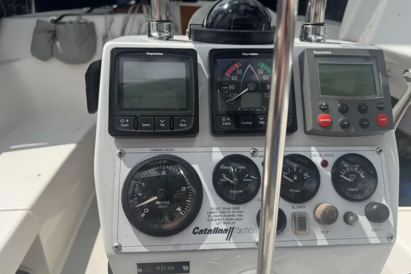 True Love Yacht Photos Pics Control panel of a 2005 Catalina Morgan 440 DS yacht with navigation instruments.