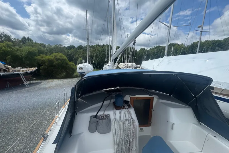 True Love Yacht Photos Pics 2005 Catalina Morgan 440 DS sailboat in a boatyard, surrounded by trees and other vessels.