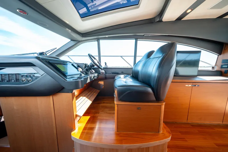  Yacht Photos Pics Interior of 2015 Princess V48 yacht with leather seating and modern dashboard.