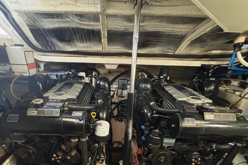  Yacht Photos Pics Engine compartment of a 2017 Sea Ray Sundancer 350 Coupe with dual engines.