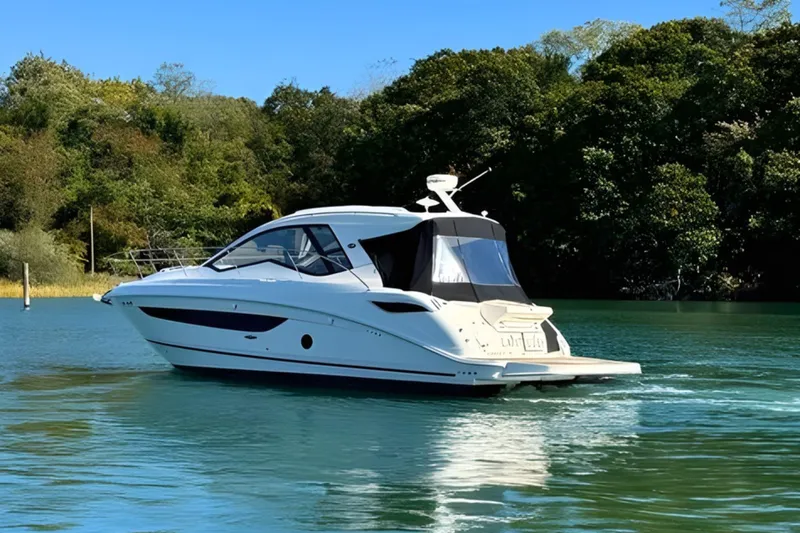  Yacht Photos Pics 2017 Sea Ray Sundancer 350 Coupe cruising on a serene lake with lush greenery.