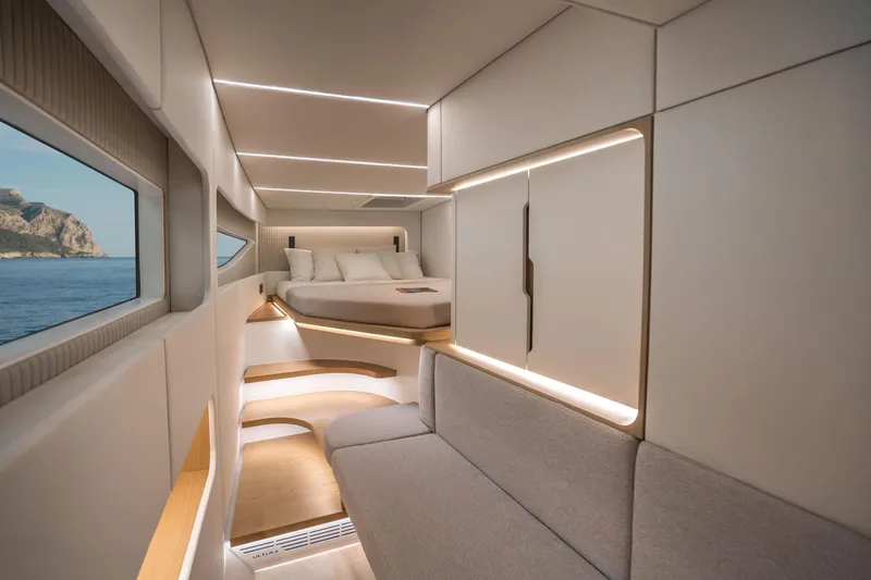 R2d2 Yacht Photos Pics Luxurious interior of 2025 Sunreef 55 Ultima yacht with modern design and scenic ocean view.