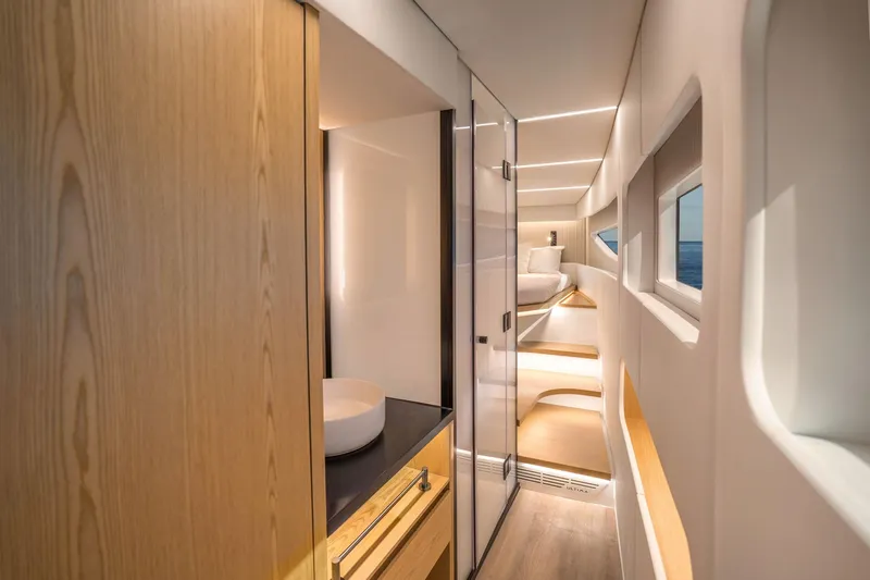 R2d2 Yacht Photos Pics Luxurious interior of 2025 Sunreef 55 Ultima yacht, featuring modern design and elegant wood finishes.