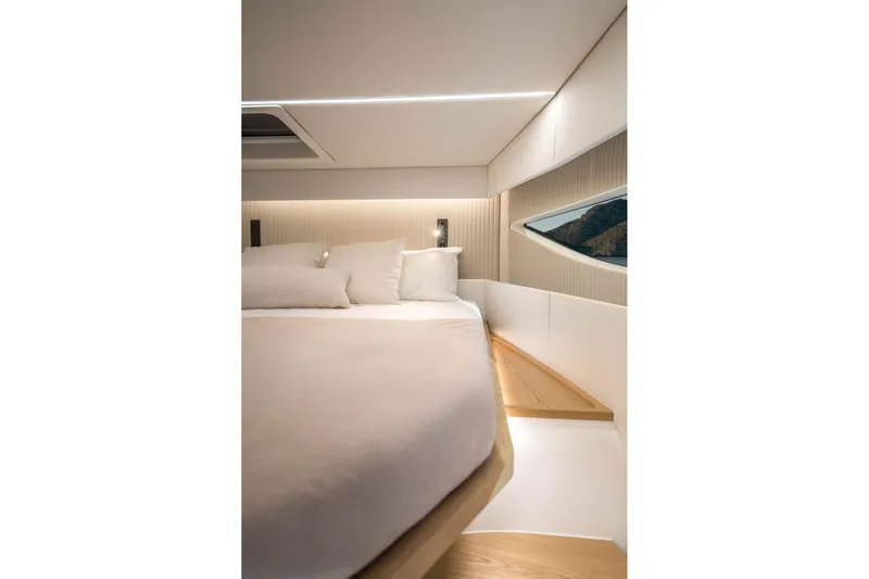 R2d2 Yacht Photos Pics Luxurious interior cabin of 2025 Sunreef 55 Ultima yacht with modern design.