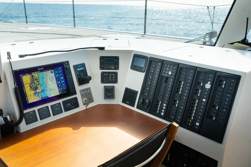 Crux Yacht Photos Pics Control panel of a 2017 Harvey Yachts 58, featuring navigation and communication systems.