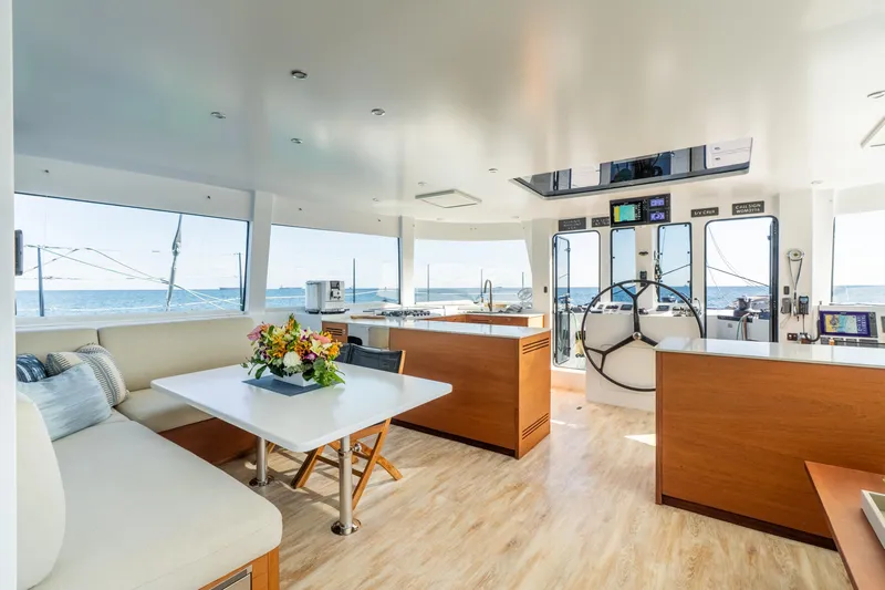 Crux Yacht Photos Pics Luxurious interior of 2017 Harvey Yachts 58, featuring modern design and ocean views.