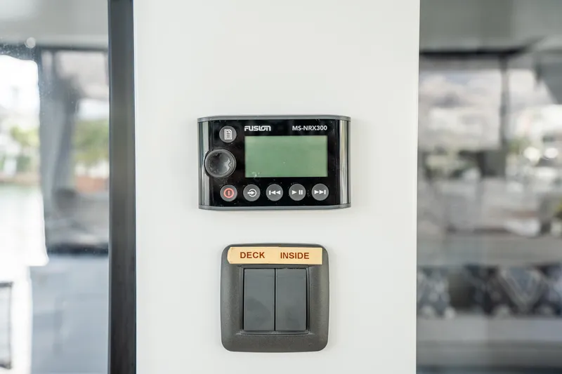 Crux Yacht Photos Pics Fusion MS-NRX300 stereo control on 2017 Harvey Yachts 58 interior.