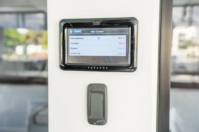 Crux Yacht Photos Pics Control panel on 2017 Harvey Yachts 58, displaying alarm and event log options.