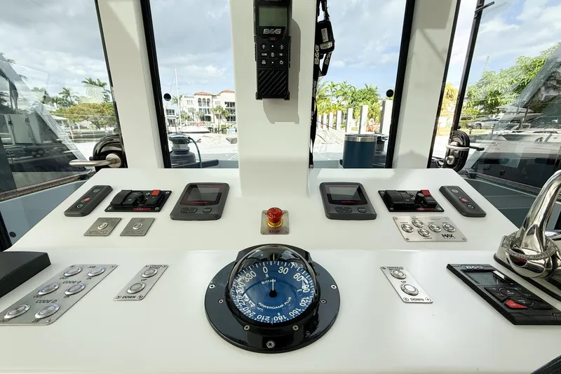 Crux Yacht Photos Pics Control panel of 2017 Harvey Yachts 58, featuring navigation and communication equipment.