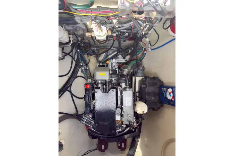 Crux Yacht Photos Pics Engine compartment of a 2017 Harvey Yachts 58, showcasing intricate wiring and components.