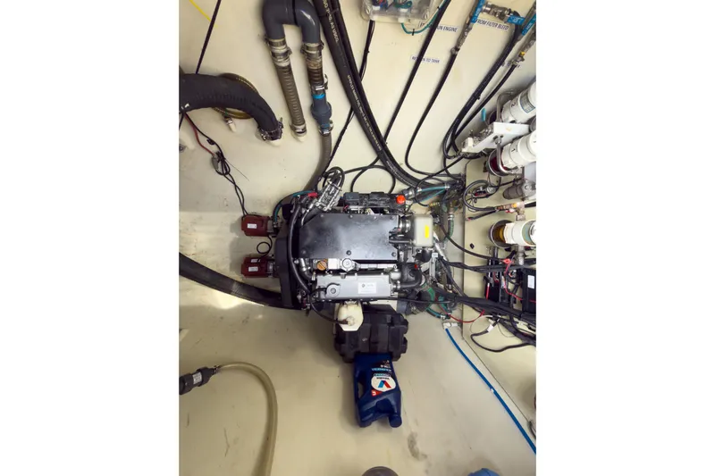 Crux Yacht Photos Pics Engine room of 2017 Harvey Yachts 58, showcasing complex wiring and components.