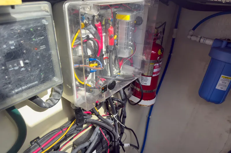 Crux Yacht Photos Pics Electrical panel and fire extinguisher in 2017 Harvey Yachts 58 engine room.