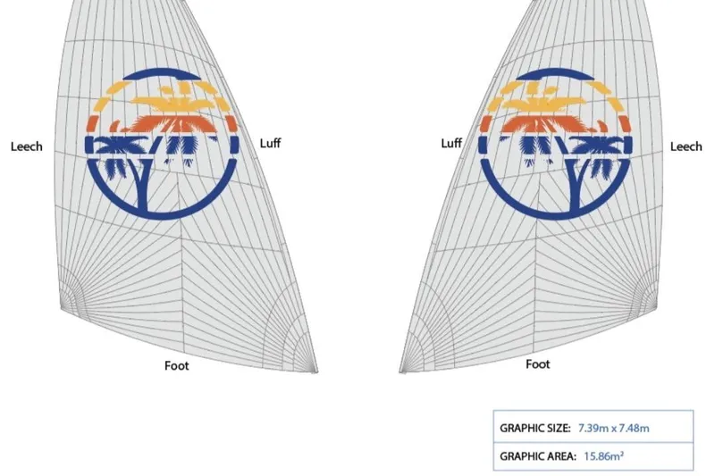 Crux Yacht Photos Pics Sail design for Harvey Yachts 58, 2017 model, featuring colorful logo and labeled parts.