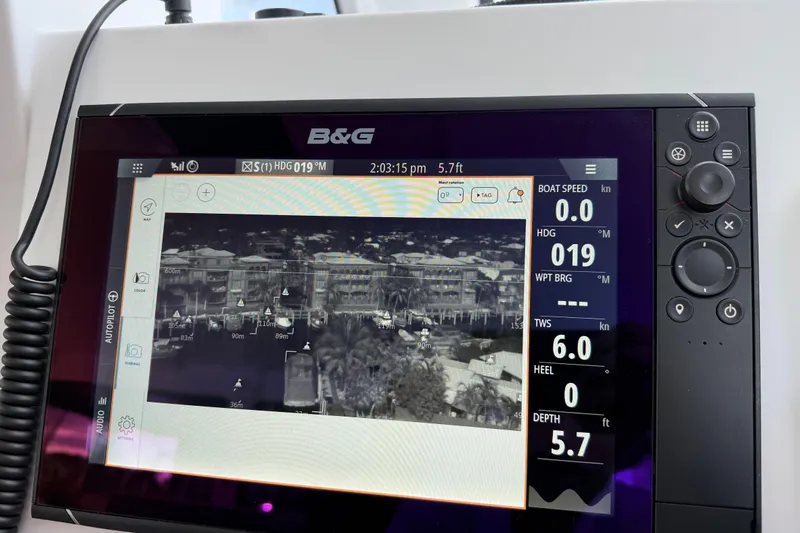 Crux Yacht Photos Pics B&G navigation display on a 2017 Harvey Yachts 58, showing boat speed and heading.