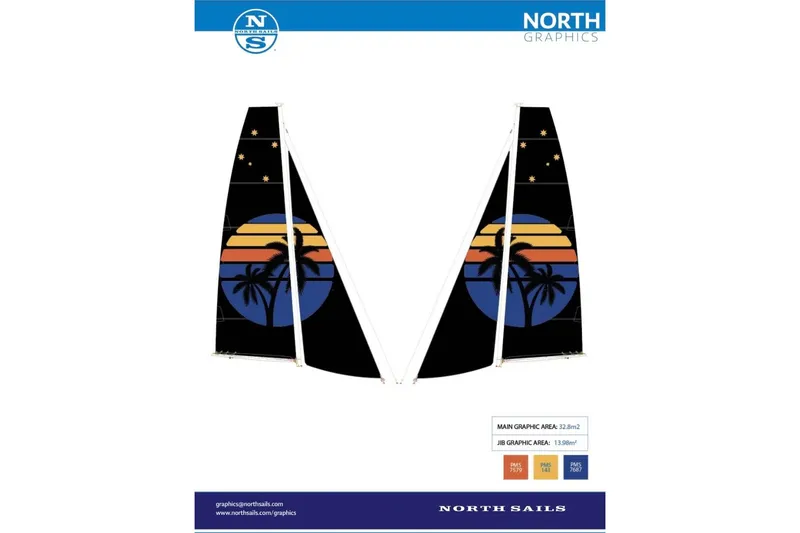 Crux Yacht Photos Pics Harvey Yachts 58 sail design, 2017, featuring sunset and palm tree graphics by North Sails.