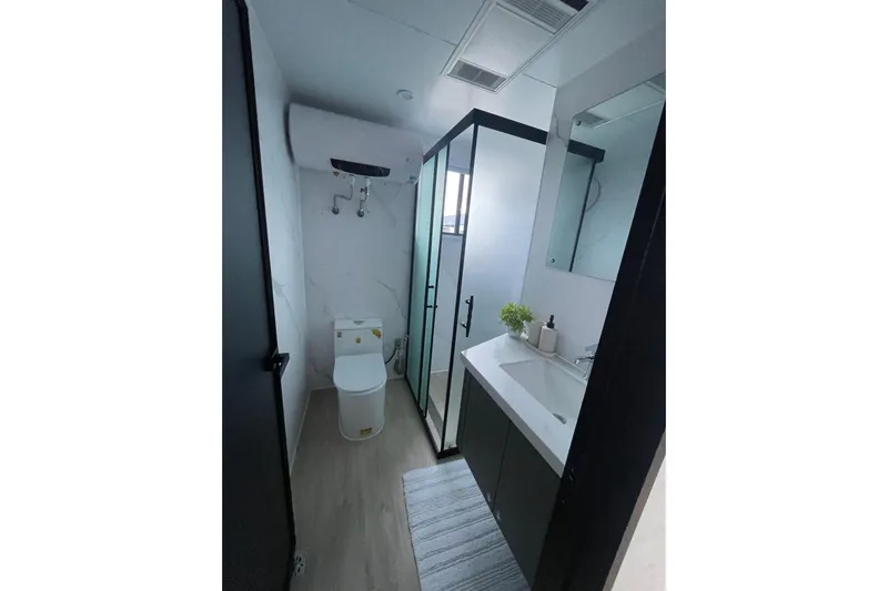  Yacht Photos Pics Modern bathroom in 2025 Houseboat ALLHOUSE HB-1250, featuring sleek design and amenities.