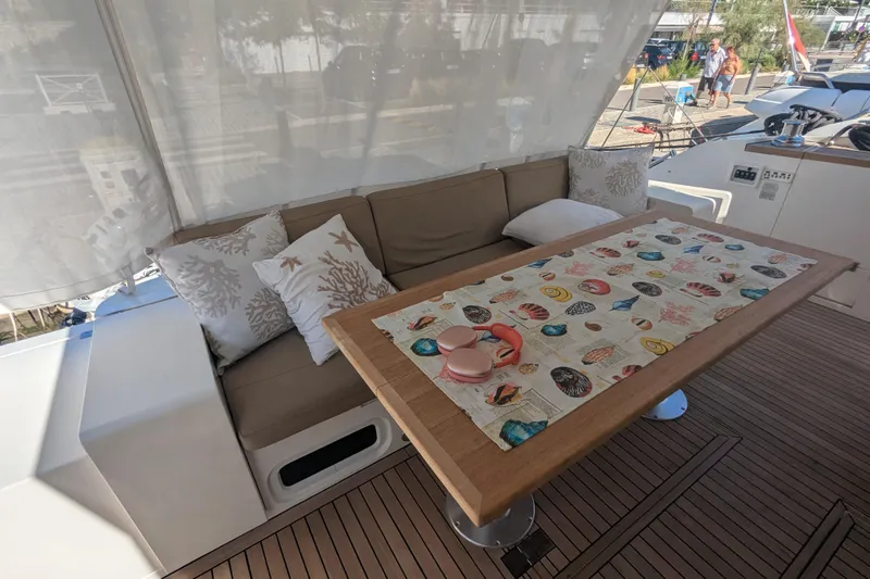  Yacht Photos Pics Luxurious 2009 Fairline Squadron 55 yacht deck with cozy seating and decorative table setting.