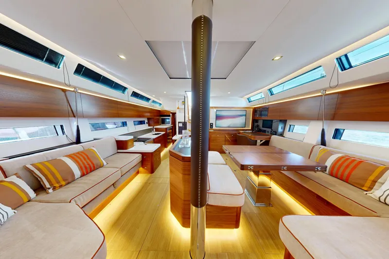  Yacht Photos Pics Luxurious interior of 2024 Amel 60 yacht with modern design and comfortable seating.