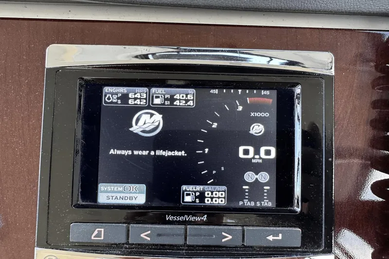  Yacht Photos Pics Meridian 441 Sedan 2015 dashboard display with safety message and engine data.