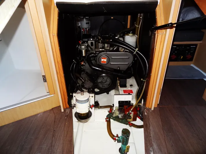 America Yacht Photos Pics Engine compartment of a 2018 Beneteau Oceanis 38 sailboat.