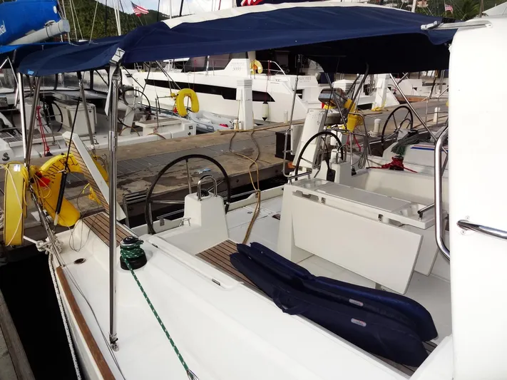America Yacht Photos Pics 2018 Beneteau Oceanis 38 sailboat docked, featuring dual helm stations and a blue bimini top.