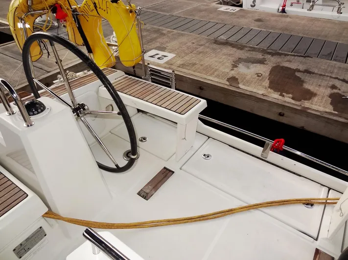 America Yacht Photos Pics Cockpit of 2018 Beneteau Oceanis 38 sailboat docked at marina.