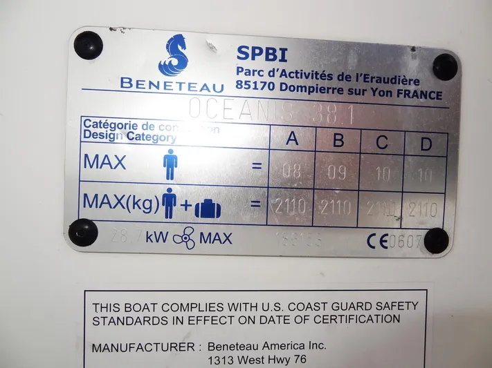 America Yacht Photos Pics 2018 Beneteau Oceanis 38 compliance and capacity plate, U.S. Coast Guard safety standards.