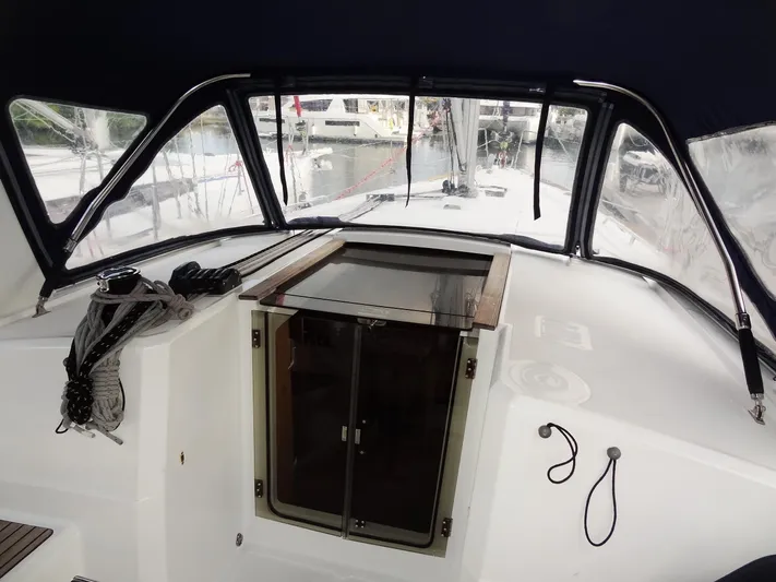 America Yacht Photos Pics Cockpit view of 2018 Beneteau Oceanis 38 sailboat with covered helm station.