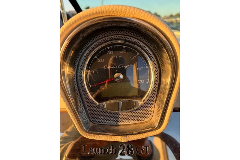  Yacht Photos Pics Close-up of 2020 Chris-Craft Launch 28 speedometer, displaying up to 70 MPH.
