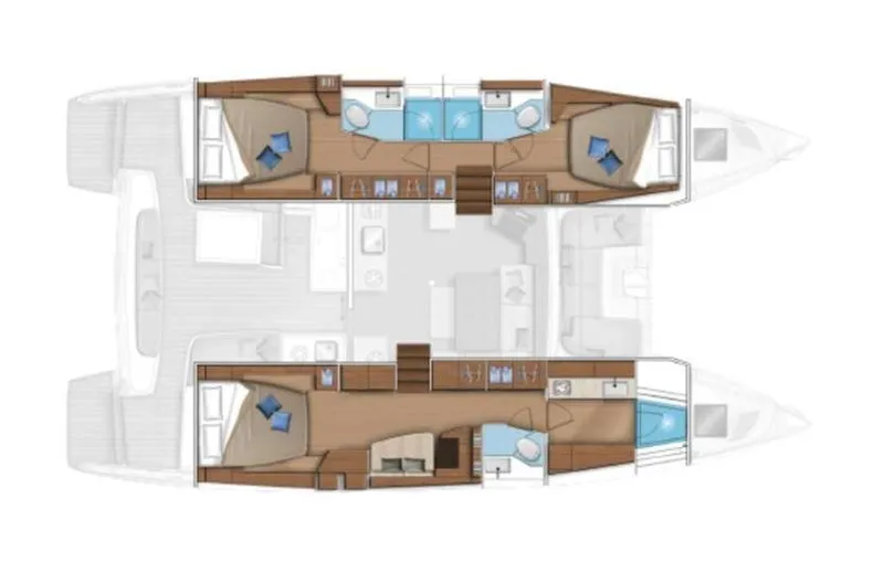 Infinity Yacht Photos Pics Floor plan of 2023 Lagoon 46 catamaran, showcasing cabin and living areas.