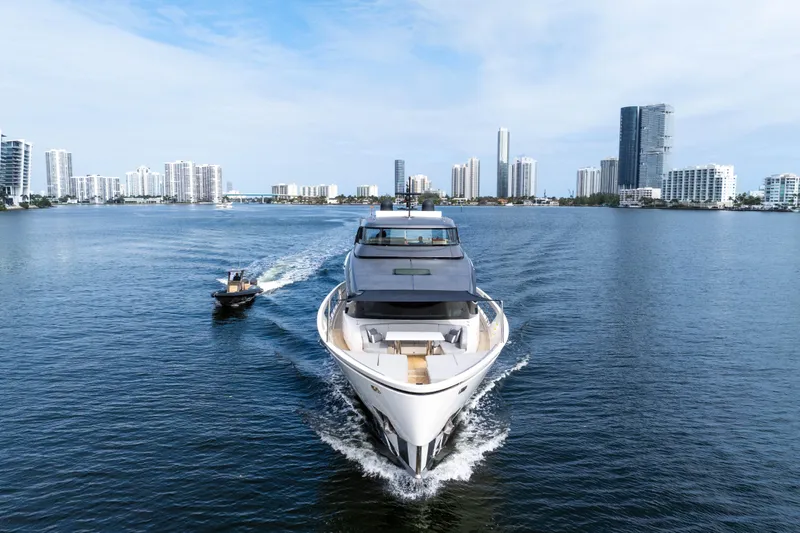 Mave Yacht Photos Pics Sanlorenzo SX88 yacht cruising near city skyline, 2020 model.