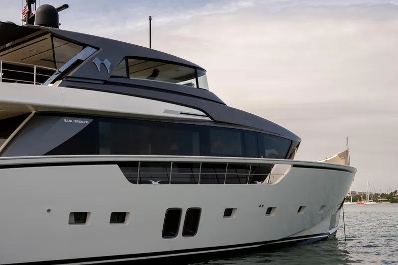 Mave Yacht Photos Pics Luxury Sanlorenzo SX88 yacht, 2020 model, docked with sleek modern design.