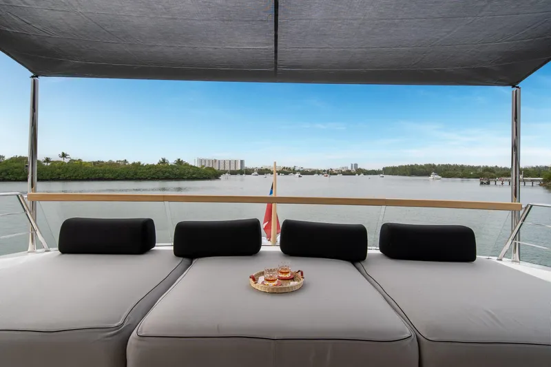 Mave Yacht Photos Pics Luxurious 2020 Sanlorenzo SX88 yacht deck with scenic waterfront view.