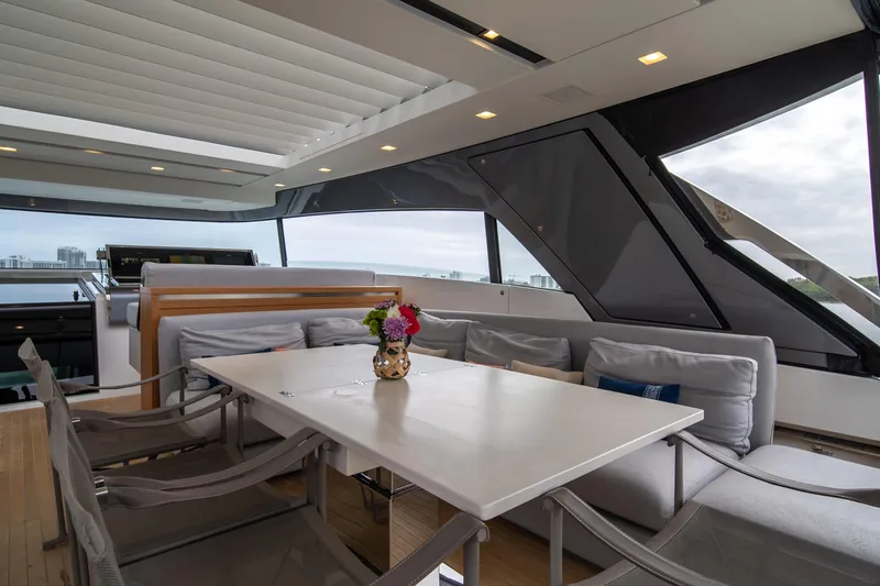 Mave Yacht Photos Pics Luxurious 2020 Sanlorenzo SX88 yacht interior with elegant dining area and modern seating.
