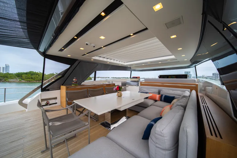 Mave Yacht Photos Pics Luxurious 2020 Sanlorenzo SX88 yacht interior with modern seating and dining area.