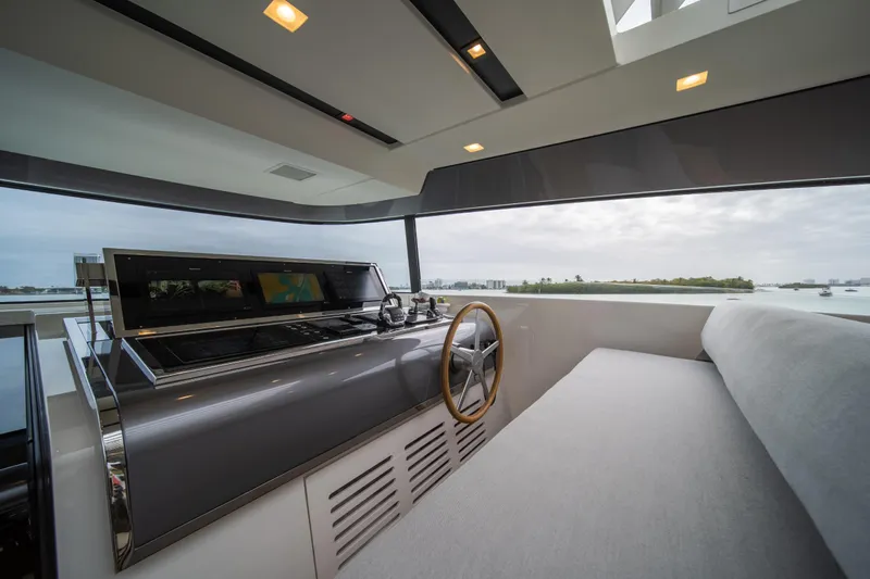 Mave Yacht Photos Pics Luxurious interior of 2020 Sanlorenzo SX88 yacht with modern helm and panoramic view.