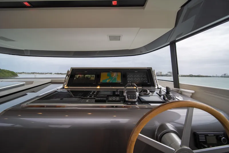 Mave Yacht Photos Pics Helm of 2020 Sanlorenzo SX88 yacht with modern navigation controls and panoramic view.