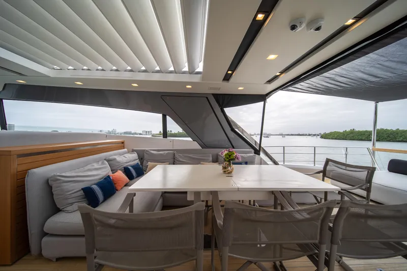 Mave Yacht Photos Pics Luxurious 2020 Sanlorenzo SX88 yacht deck with elegant seating and scenic water views.