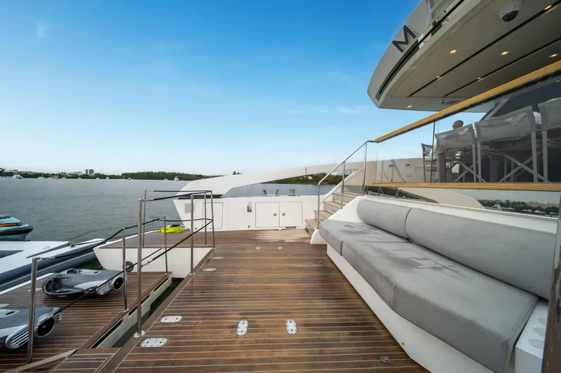 Mave Yacht Photos Pics Luxurious 2020 Sanlorenzo SX88 yacht deck with modern seating and scenic water view.
