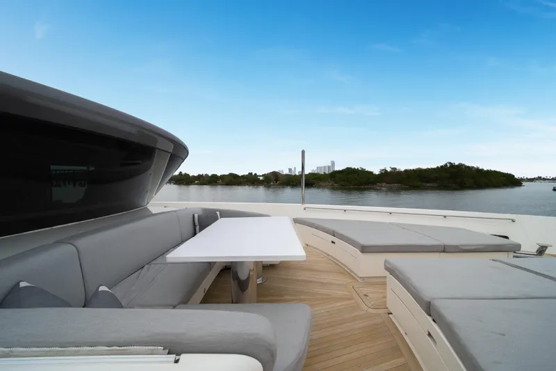 Mave Yacht Photos Pics Luxurious 2020 Sanlorenzo SX88 yacht deck with seating and scenic water view.