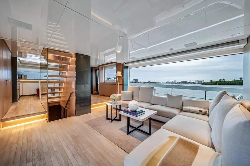 Mave Yacht Photos Pics Luxurious interior of 2020 Sanlorenzo SX88 yacht with panoramic ocean view.