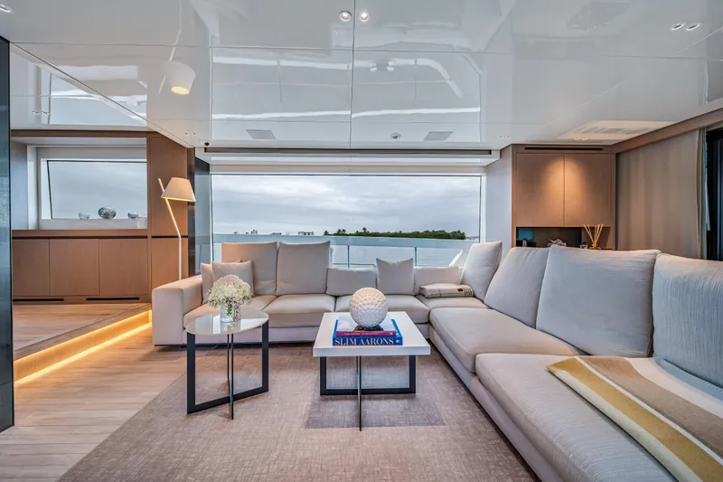 Mave Yacht Photos Pics Luxurious interior of 2020 Sanlorenzo SX88 yacht with modern furnishings and ocean view.