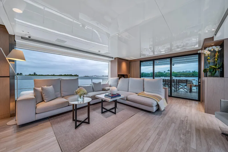 Mave Yacht Photos Pics Luxurious 2020 Sanlorenzo SX88 yacht interior with elegant seating and ocean view.