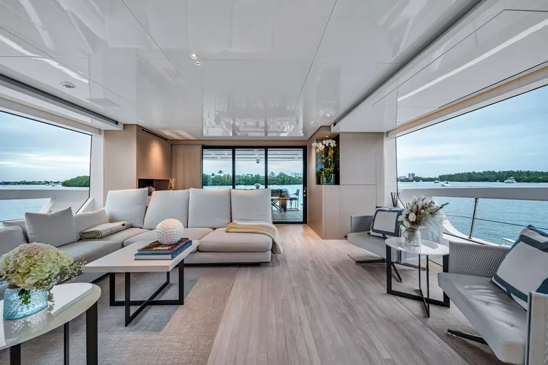 Mave Yacht Photos Pics Luxurious interior of 2020 Sanlorenzo SX88 yacht with elegant seating and panoramic views.