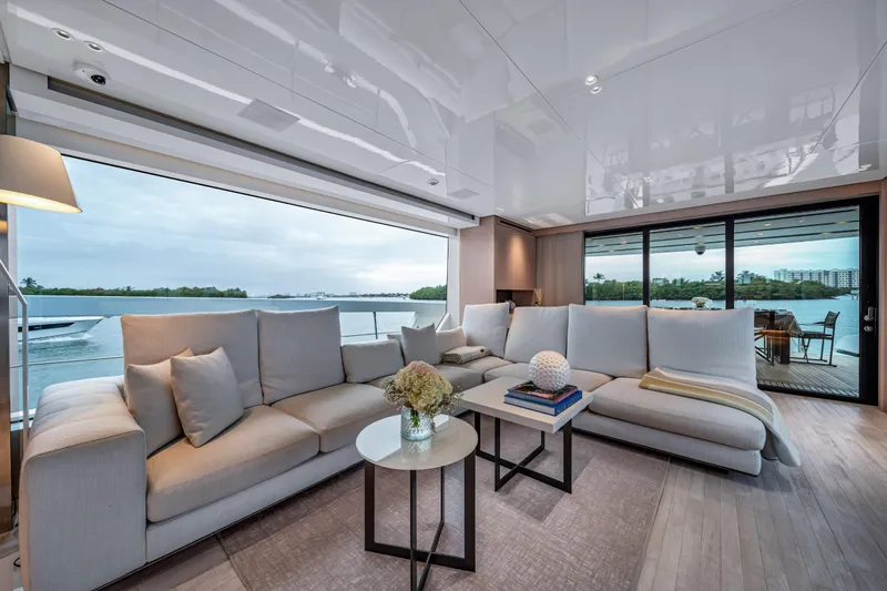 Mave Yacht Photos Pics Luxurious interior of 2020 Sanlorenzo SX88 yacht with elegant seating and scenic water views.