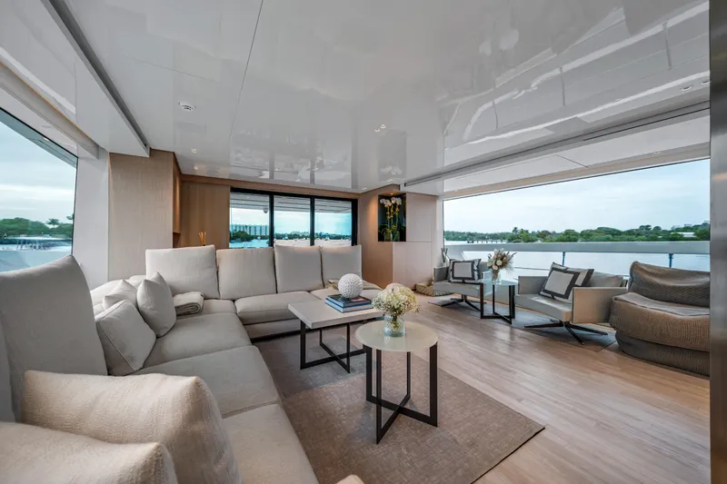 Mave Yacht Photos Pics Luxurious interior of 2020 Sanlorenzo SX88 yacht with elegant seating and panoramic views.